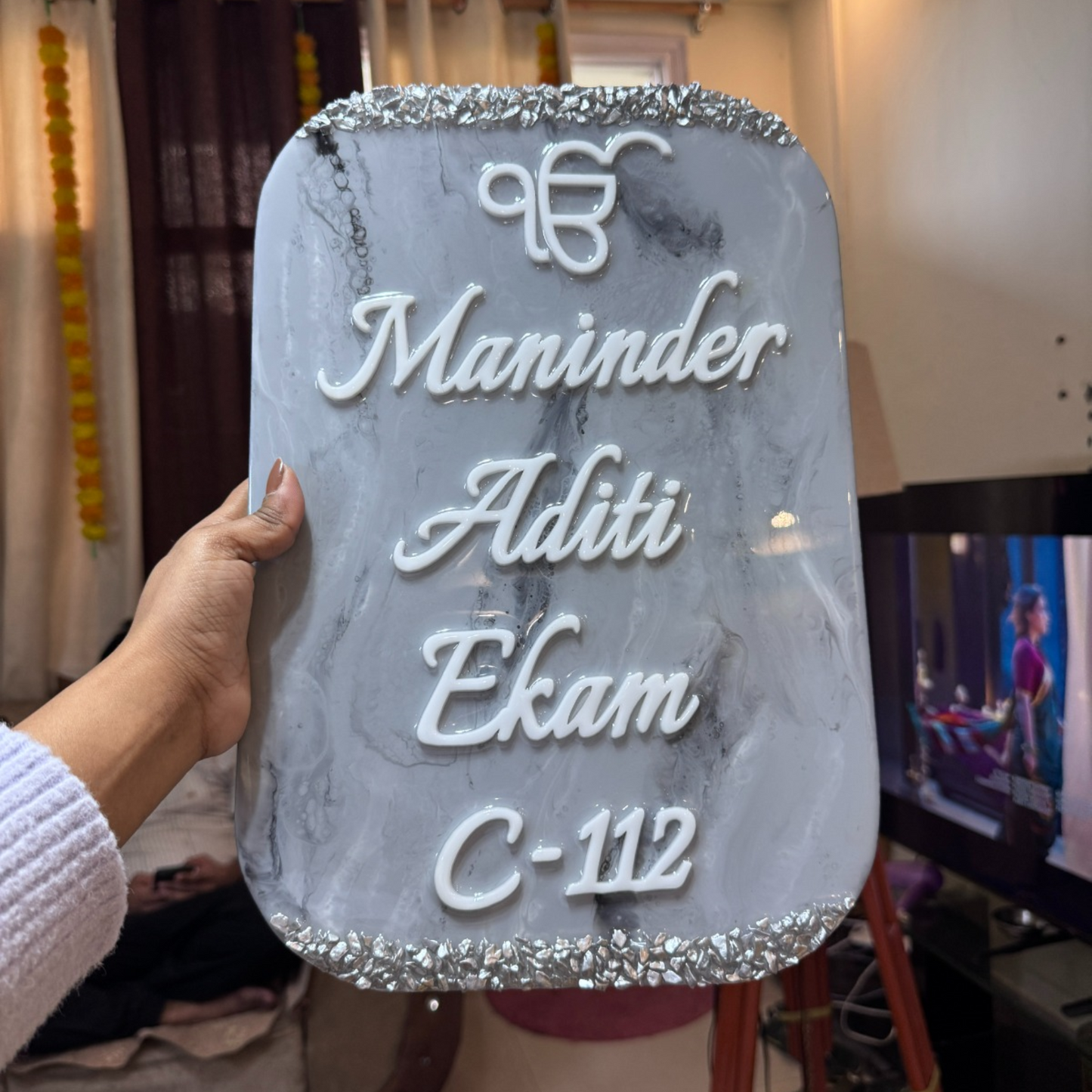 Gray Marble Effect With Silver Stone Resin Nameplate